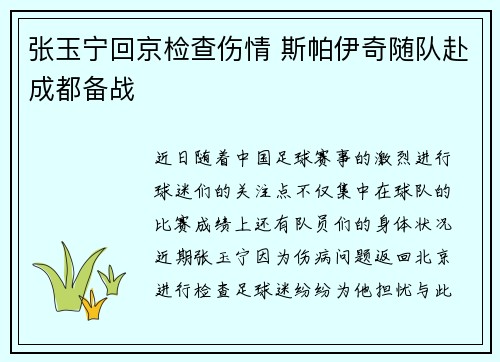 张玉宁回京检查伤情 斯帕伊奇随队赴成都备战