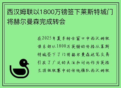 西汉姆联以1800万镑签下莱斯特城门将赫尔曼森完成转会
