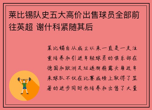 莱比锡队史五大高价出售球员全部前往英超 谢什科紧随其后
